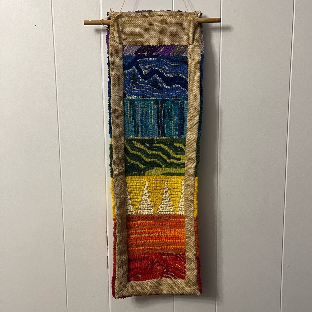 Handmade Chakra Rug Wall Hanging Fibre Art Hooking Textile Rainbow 24” Hooking - Picture 4 of 5